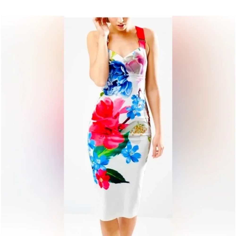 Ted Baker Floral White and Red Sleeveless Sweetheart Bodycon Midi Dress - Picture 2 of 16